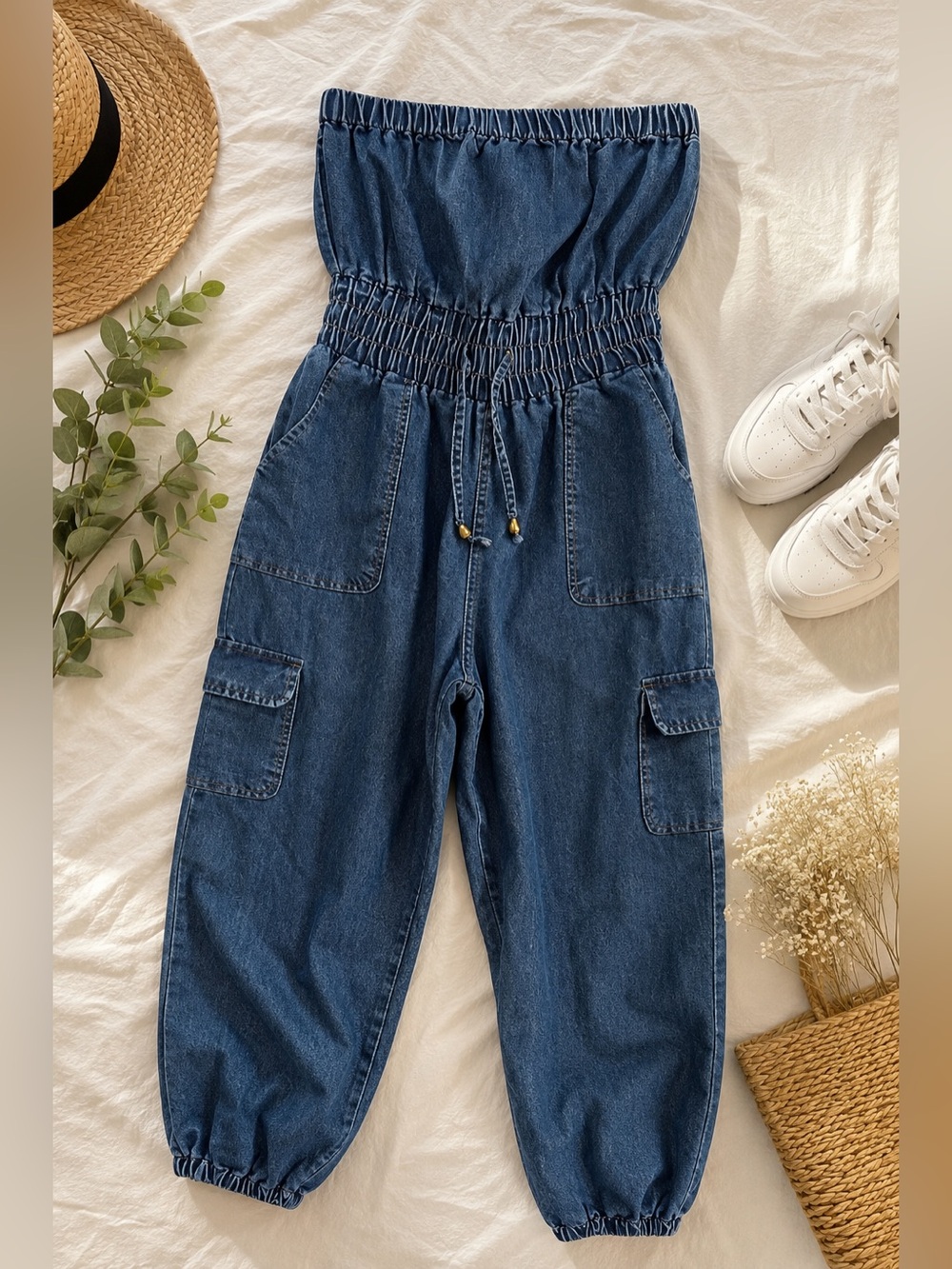 Blush Strapless Denim Cargo Jumpsuit Size Small Blue Utility Jogger